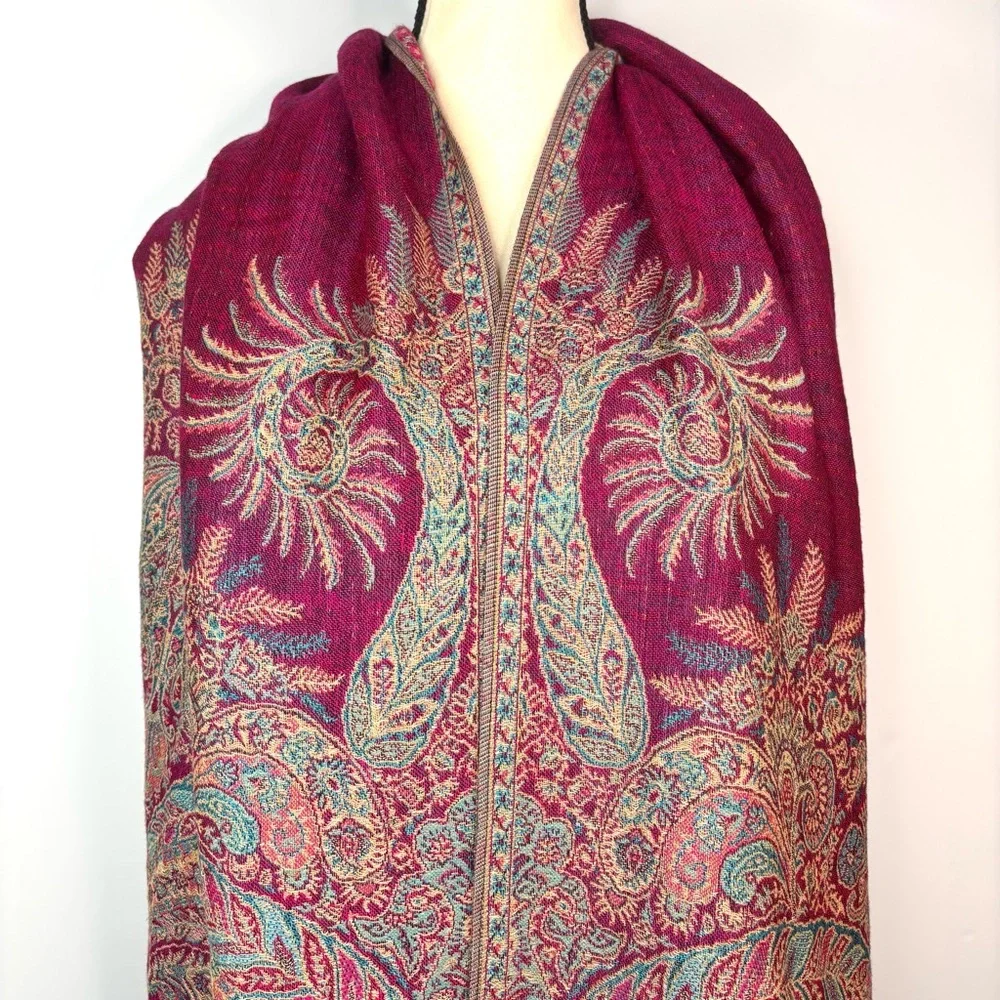 Pashmina Paisley Fuchsia Pink Teal Blue Jewel Tone Boho Silk Blend Scarf Wrap OS